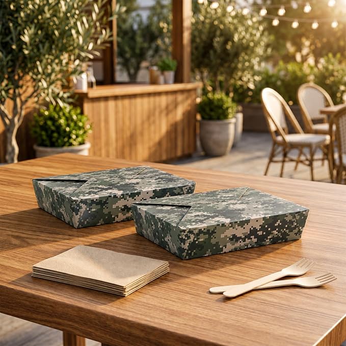 Restaurantware-Bio Tek 8.5 x 6.2 x 1.9 Inch Food Containers, 200 Durable Takeaway Boxes - Disposable, Sturdy, Camouflage Paper 49 Ounce Takeout Boxes, Rectangle, For Takeout And Delivery, Or Picnics - Image 3