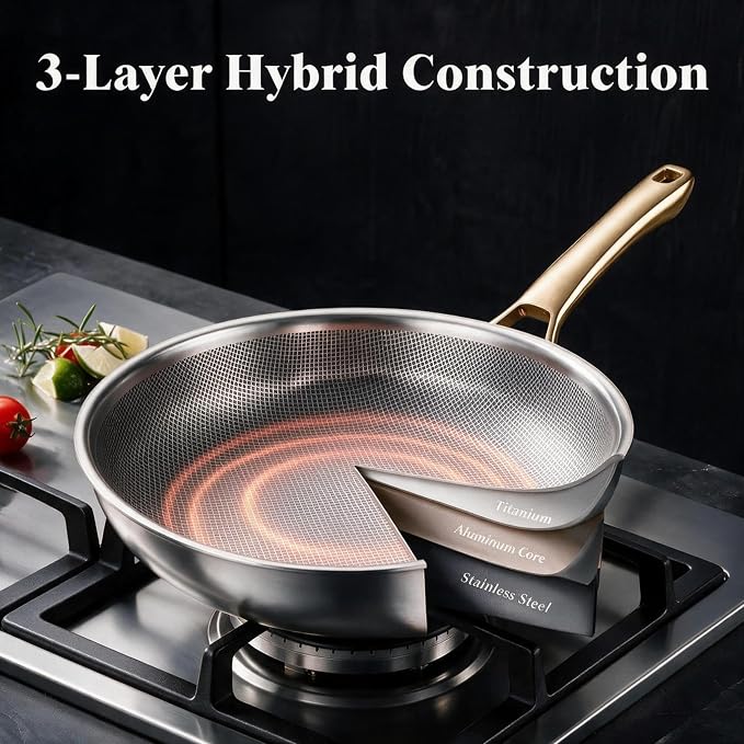 FogDream Non Stick Frying Pans, 10in Titanium Pans for Cooking, Hybrid Stainless Steel Skillet with Spatulas, PFOA Free Cookware, Stay Cool Handle, Dishwasher & Oven-Safe,Induction Compatible,Gold - Image 4