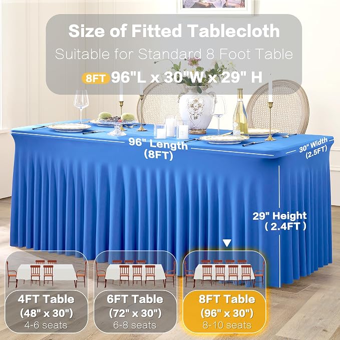 3 Packs Royal Blue Spandex Tablecloths for 8 Foot Rectangle Tables, Stretchy Fitted 8FT Blue Table Skirt for Wedding Party, Wrinkle Free Tablecloths for Banquet Wedding Birthday Party - Image 6