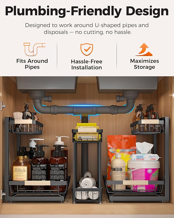 Sevenblue 3-Pack 2-Tier Height Adjustable Under Sink Organizer, Black - Image 3