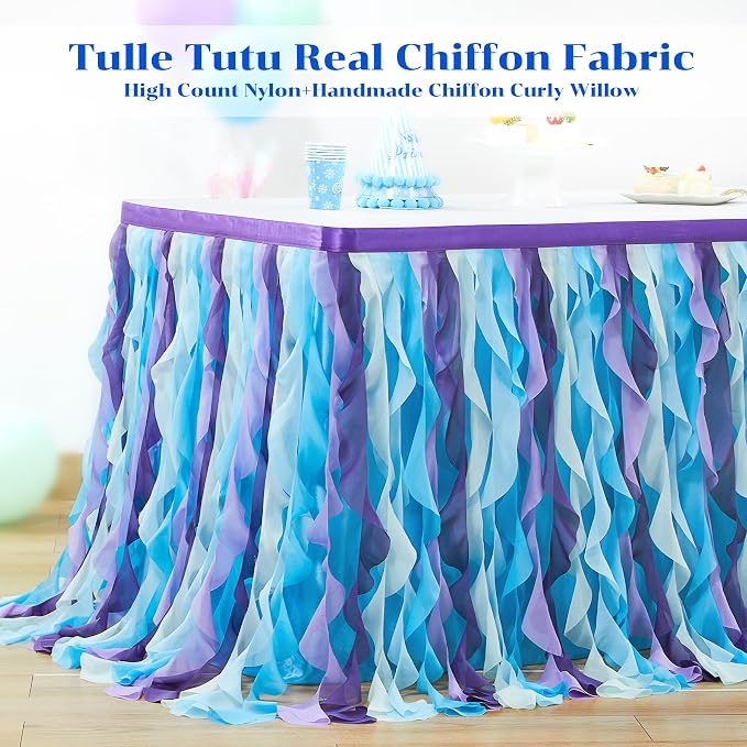 Partisky Mermaid Tulle Tutu Ruffle Curly Willow Table Skirt for Rectangle Table 17ft, Mermaid Themed Party Table Cloth for Girls Birthday Party or Baby Shower - Image 7