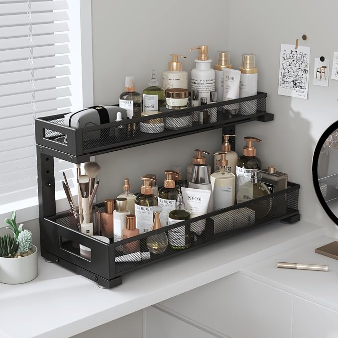 2 Pack 19IN Depth Under Sink Storage Organizer, Large 2-Tier Elegant Mesh Pull Out Shelf for Kitchen and Bathroom Cabinet Organization, L-Shaped and Adjustable Height Design-Black - Image 8