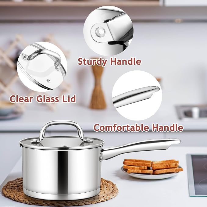 E-far 1 QT Small Saucepan with Lid, Stainless Steel Sauce Pan Boiling Pot - Image 5