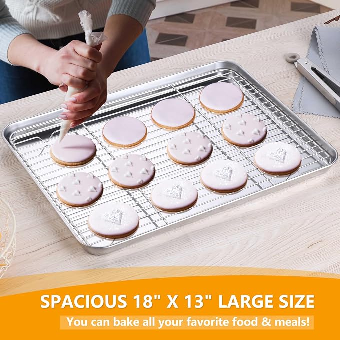 Homikit Half Baking Sheet with Wire Cooling Rack (1 Pan+1 Rack), Nonstick | 18x13 Inch Stainless Steel Cookie Sheets for Baking, Large Baking Pan with Grid Set, Metal Bacon Tray, Oven & Dishwasher Safe - Image 5