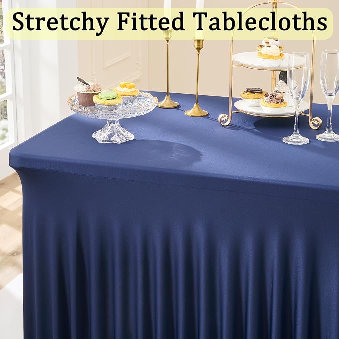 3 Packs Navy Blue Spandex Tablecloths for 6 Foot Rectangle Tables, Stretchy Fitted 6FT Blue Table Skirt for Wedding Party, Wrinkle Free Tablecloths for Banquet Wedding Birthday Party - Image 2