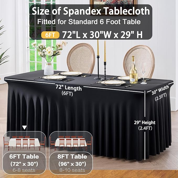 6 Pack Spandex Black Table Clothes for 6 Foot Rectangle Tables, Wrinkle Free Table Cloth Fitted Tablecover Stretchy Tablecloths with Skirt for Parties Wedding Banquet - Image 5