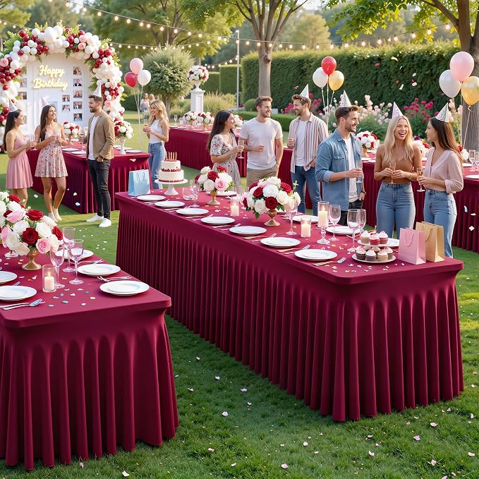 Besutolife 4 Pack Burgundy Table Cloths for 8 Foot Rectangle Tables, Wrinkle Free Fitted Spandex Table Covers 8ft, Stretch Tablecloth with Skirt for Wedding Birthday Banquet Parties - Image 5
