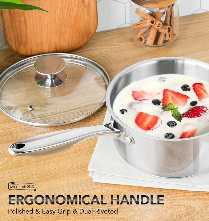 MICHELANGELO Stainless Steel Saucepan Set 1Qt & 2Qt, 18/10 Stainless Steel Pot Set, Induction Saucepan with Glass Lid, Dishwasher & Oven Safe (No Coating & Non-toxic) - Image 4