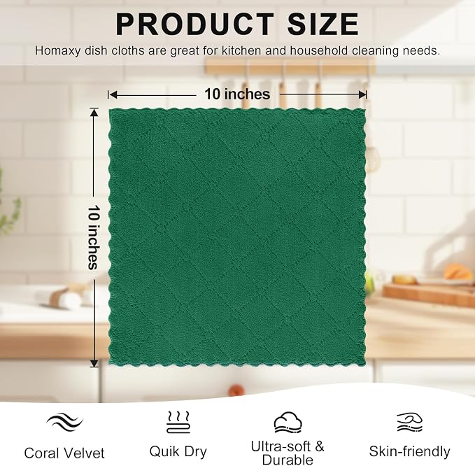 Homaxy 12 Pack Super Soft & Absorbent Dish Cloths, 10" x 10", Dark Green - Image 5