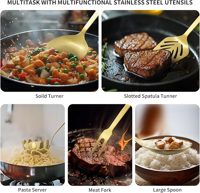 304 Stainless Steel Kitchen Utensil Set - 9pcs Cooking Utensils, Metal Kitchen Utensil Spatula Sets Cookware,High temperature resistance Kitchen Tool Set for Hanging Dishwasher Safe（Gold） - Image 6