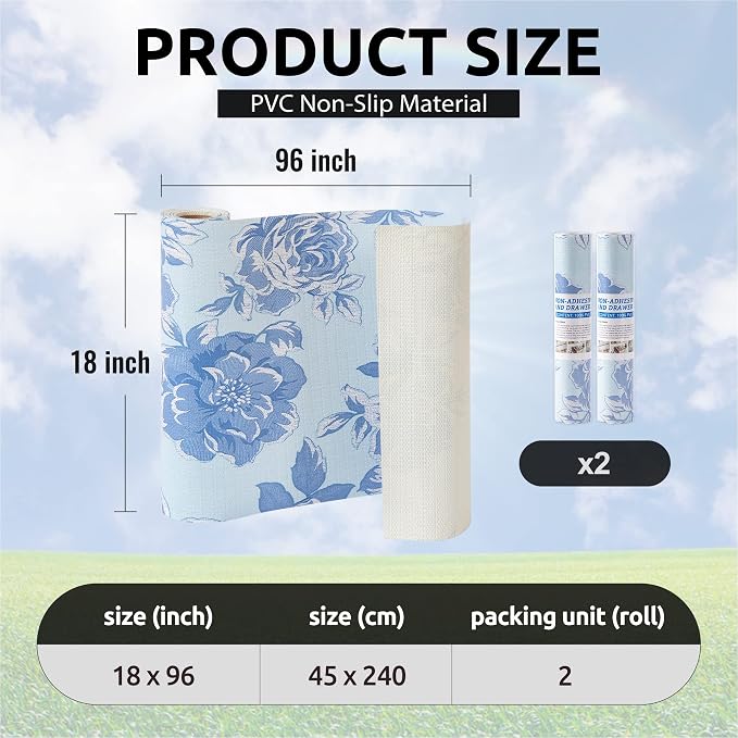 FIFTY FEET 18X96 Inch Shelf Liner for Kitchen Cabinets, PVC Drawer Liner for Dresser Non-Slip Bathroom, Non-Adhesive Cabinet Liner Washable (Blue Flower)(2 Roll) - Image 3
