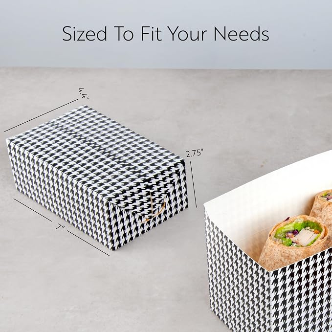 Restaurantware Takeout Lunch Box 100 Count 47 Ounce Paper Food Delivery Container Greaseproof Secure Closure Box Black Houndstooth Design 7.01 x 4.49 x 2.76 Inch Large Capacity - Image 2