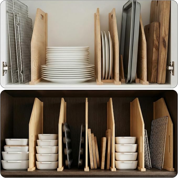 6 Pack Solid Wood Tray Dividers for Cabinet, Cookie Sheet Organizer for Cabinets, Baking Sheet Organizer, No-Cut Kitchen Cabinet Dividers, Cookie Trays for Kitchen, Pantry Storage (12, Pounds) - Image 4