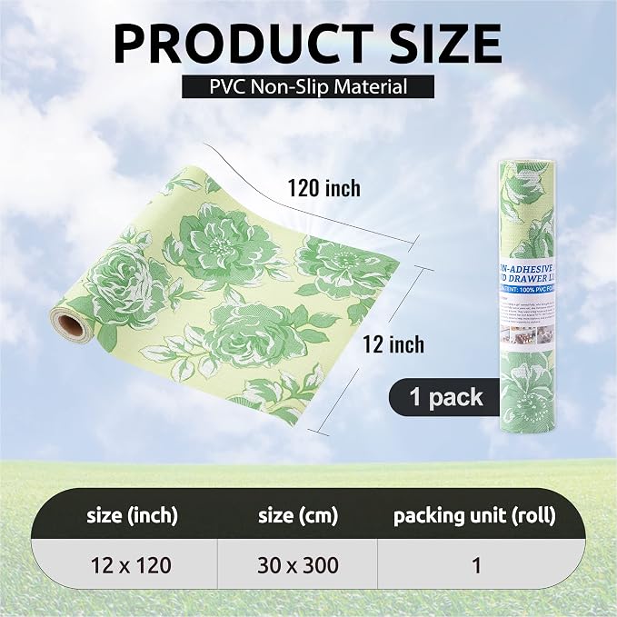 FIFTY FEET 12X120 Inch Shelf Liner for Kitchen Cabinets, PVC Drawer Liner for Dresser Non-Slip Bathroom, Non-Adhesive Cabinet Liner Washable (Green Flower)(1 Roll) - Image 3