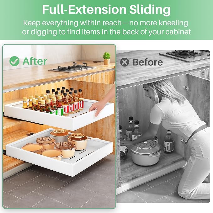 Pull Out Cabinet Organizer with Nano Adhesive, Heavy Duty Full-Extension Slide-Out Drawer for Kitchen Cabinet Organizers and Storage, No Drill Roll out Pantry Shelf, 11.8"W x 16.9"D x 3.1"H , White - Image 3