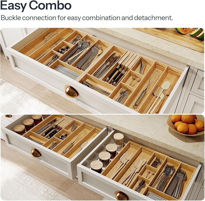 HOOBRO Large Silverware Organizer Kitchen Drawer Organizer, Magnetic Connected Expandable Utensil Organizer From 22.8 to 35.4 Inches, Bamboo 16 Slots Cutlery Tray with Knife Holder, Natural YL07TL01 - Image 6