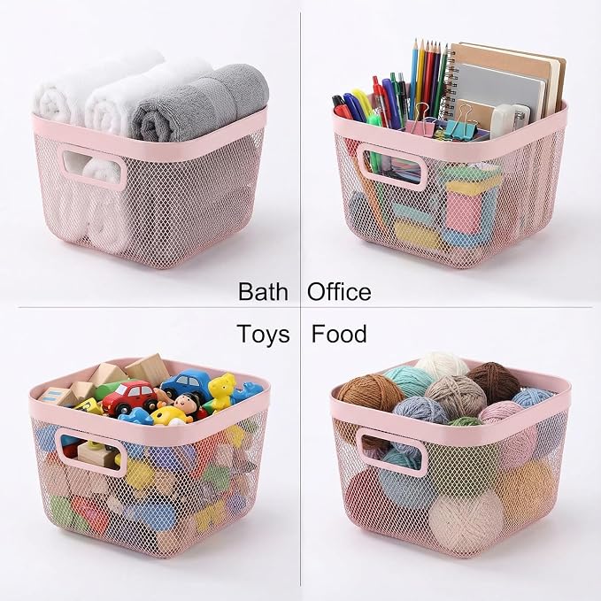 MorningRo 4 Pack Metal Mesh Basket with Hollow Handles Pink Wire Storage Bin for Organizing Stackable Metal Fine Mesh Basket for Pantry Bathroom Kitchen Cabinets Shelves (Medium) - Image 6