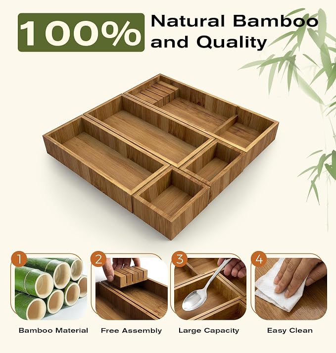 KOCWELL Bamboo Silverware Drawer Organizer with Knife Block, 5 Removable Drawer Organizer Bins - Multi-Use for Kitchen Utensils, Office, Makeup, Tools Storage - Image 5