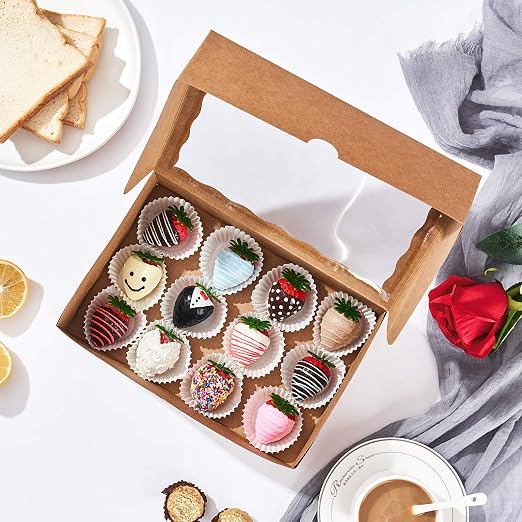 25PCS10 x 7 x 2.5 inches One Piece Professional Strawberry Boxes, Cookie Boxes, Natural Kraft Brown Paper Boxes with Display Window - Image 3