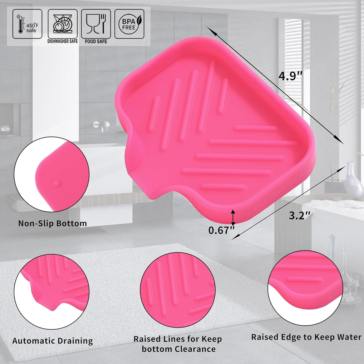 Silicone Bathroom Soap Dishes with Drain Spout-Bathroom and Kitchen Sink Organizer,Sponge Holder,Dish Soap Tray,Perfect for Dispenser,Scrubber,Bottle,Cup on Sink or Counter-Rose 4.9"×3.2"
