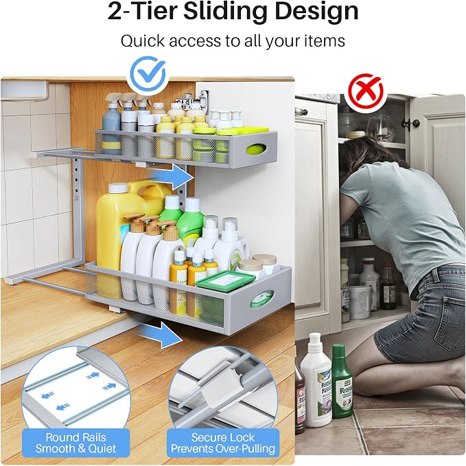 Under Sink Organizer, 2 Tier Pull Out Under Cabinet Organizer Shelf with Pad for Framed Cabinets, Metal Slide Out Under Sink Storage, Mesh Sliding Drawers for Kitchen Bathroom Laundry(Grey, 1 Pack) - Image 5
