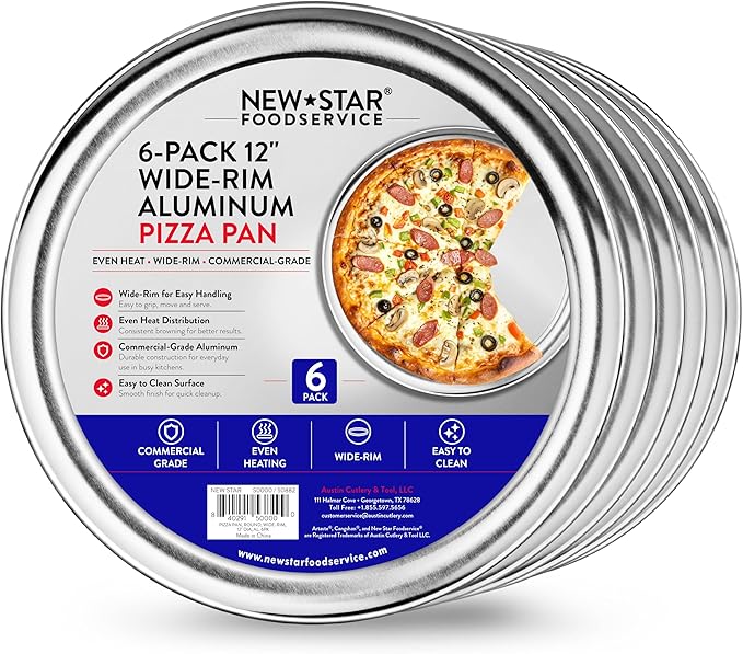New Star Foodservice Restaurant-Grade Aluminum Pizza Pan/Tray with Wide Rim, 12 Inch, Pack of 6 by NewStarFoodservice