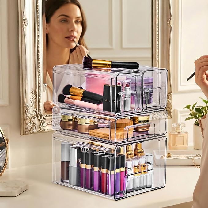 Sorbus Clear Stackable Storage Drawers (1 Large + 1 Medium + 2 Small) - Image 2