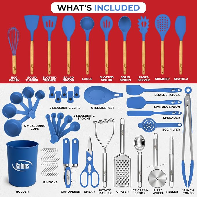 Kaluns 50 PCS Silicone Kitchen Utensils Set Complete Kitchen Set - 800°F Heat Resistant Non-Stick Premium Silicone Cooking Utensils W Wooden Handles - Can Opener, Masher, Turner, Silicone Spatula Set - Image 3