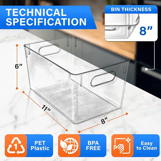 Lifemaster Multi-purpose Refrigerator Bins - 8 pieces Large Capacity Stackable Fridge Bin Organizer with Easy Grip Handles - Clear - Image 2