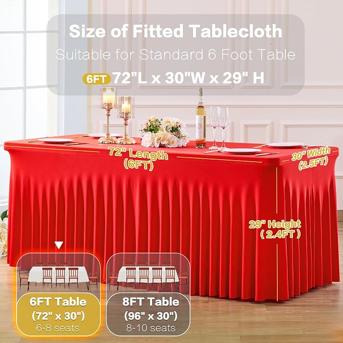 2 Pack Red Table Cloth for 6 Foot Rectangle Tables Spandex Fitted Tablecloth 6ft Stretch Table Covers Skirt Red Banquet Tablecloths Wrinkle Free Tablecloth for Party Wedding Birthday Event - Image 7