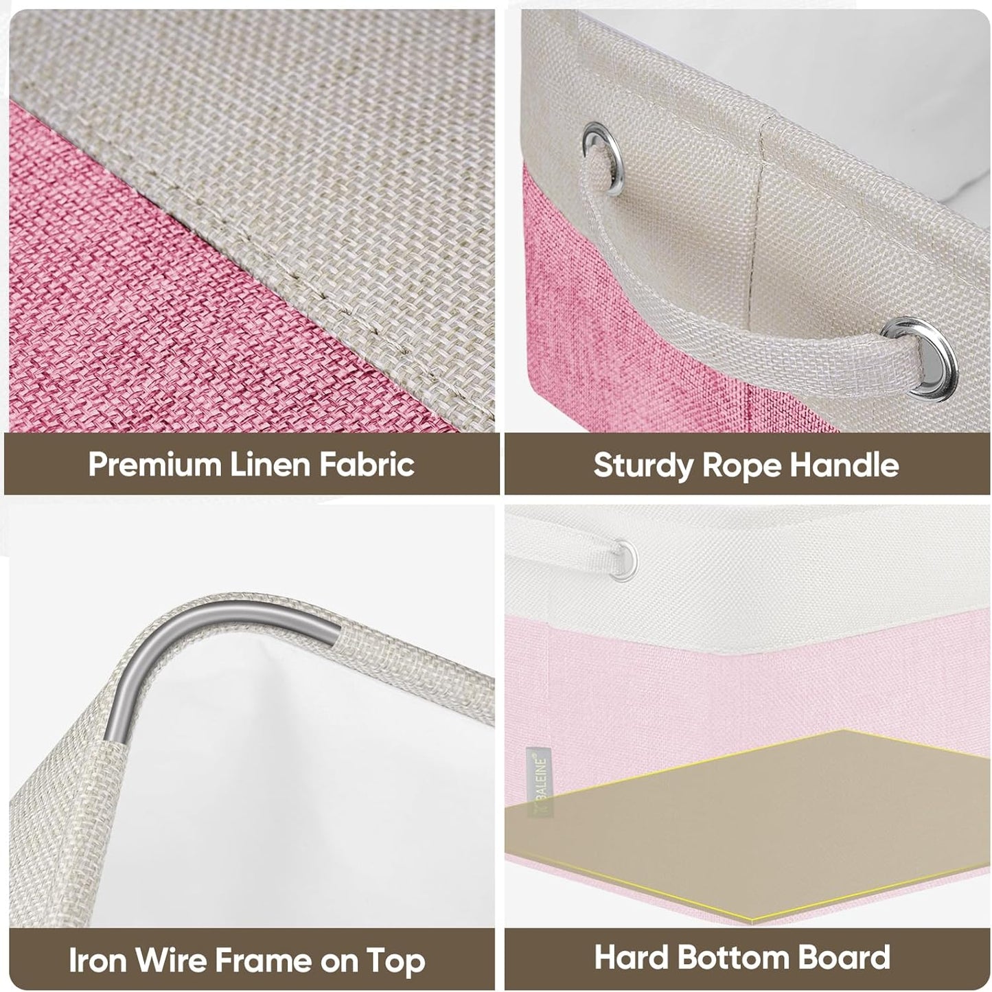 BALEINE 3 Pack Fabric Storage Bins for Shelves, Linen Storage Baskets for Organizing, Decorative Closet Bins for Clothes, Home (Pink, 12"x8"x8")