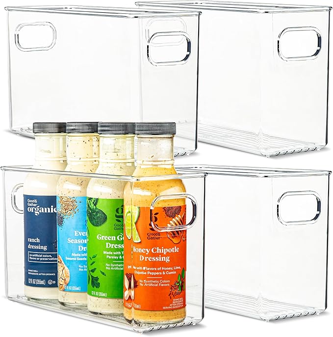 Plastic Food Storage 4 Pack Clear Container Bin with Handles for Organizing Kitchen, Pantry, Refrigerator, Freezer, Pantry, Cabinet, Closet, Bathroom. 10”x4”x6” by primebox
