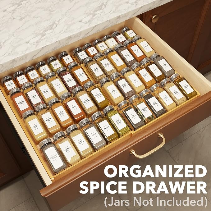 SpaceAid Bamboo Spice Drawer Organizer and Bamboo Drawer Dividers with Inserts and Labels, Kitchen Adjustable Drawer Organizers - Image 4