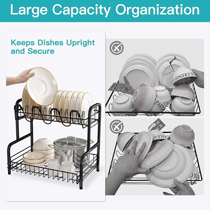 BOOSINY 2 Tier Black Dish Drying Rack and Drainboard with Utensil Holder - Image 3