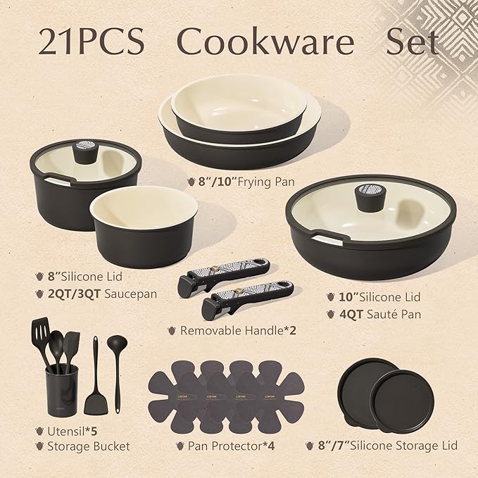 CAROTE 21pcs Ceramic Cookware Set, Pots and Pans Set with Detachable Handle - Image 2