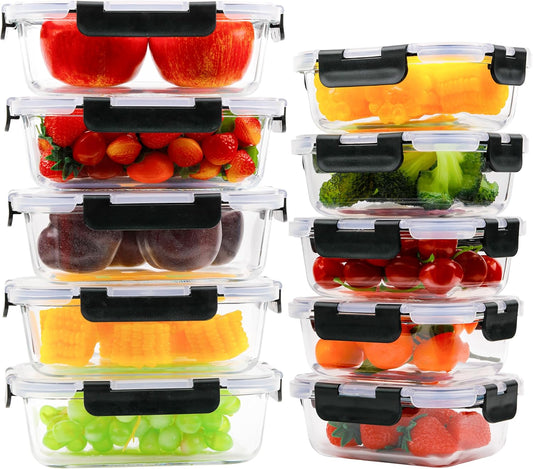 kakw10 Packs Glass Food Storage Containers,Glass Meal Prep Container for Lunch,can be used in the Microwave, Oven, Freezer and Dishwasher,with Upgraded Snap Locking Lids. (10 Packs)