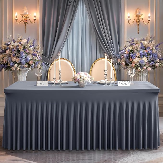 Wish Care 6 Pack Gray Spandex Table Clothes for 8 Foot Rectangle Tables, 8FT Wrinkle Free Fitted Tablecloths Ruffles Design Table Cover for Party, Banquet, Wedding and Events - Image 4