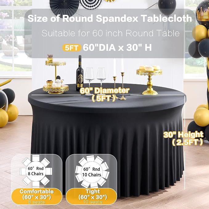 12 Pack Black Round Spandex Tablecloth for 60 inch Table, Wrinkle Free Stretchy 120inch Fitted 5FT Round Table Cloths Cover with Skirt for Wedding Birthday Party Dining Banquet Events - Image 6