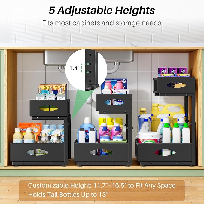 Under Sink Organizer, 2-Pack Pull Out Cabinet Organizer 2 Tier Metal Slide Out Storage Shelf Rack, L-Shaped Adjustable Height,Mesh Sliding Drawer for Kitchen, Bathroom, Laundry, Pantry, Black, XL - Image 5