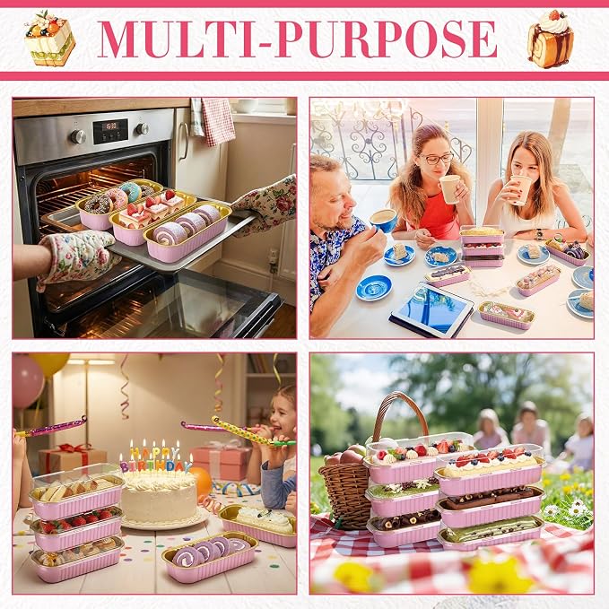 Qunclay 200 Pcs Aluminum Foil Mini Loaf Pans with Lids 6.8 oz Disposable Mini Cake Pan with Lid Rectangle Baking Cups for Party Muffin Cheesecake Ramekins(Pink, Gold) - Image 5
