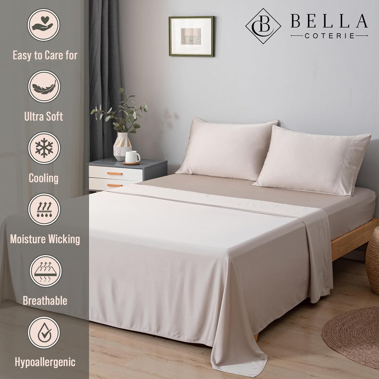 Bella Coterie Luxury Bamboo Viscose Split King Size Sheet Set | 100% Organically Grown | Ultra Soft | Cooling for Hot Sleepers | 18" Deep Pocket [Dune]