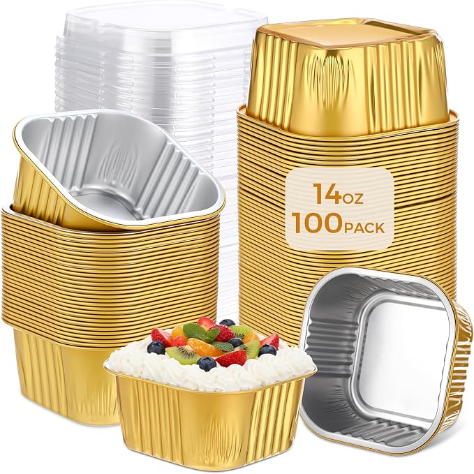 100 Pcs 14 oz Mini Cake Pans with Lids Square Aluminum Pans Aluminum Foil Baking Cups 4" x 4" Muffin Large Cupcake Cups Baking Tins for Party Bakery Kitchen Brownie Desserts(Gold) by Unknown