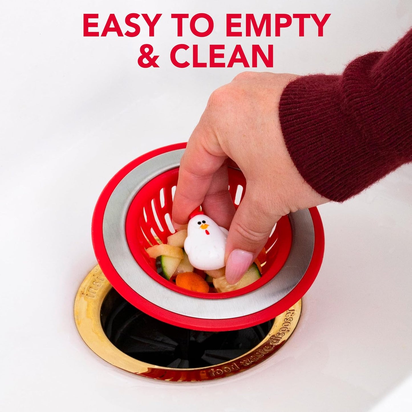 Joie Doodle Doo Kitchen Sink Strainer Basket, Fits All Standard Sinks, Stainless Steel, Cute Garbage Disposal Drain Cover, 4.5-Inch, Red Rooster