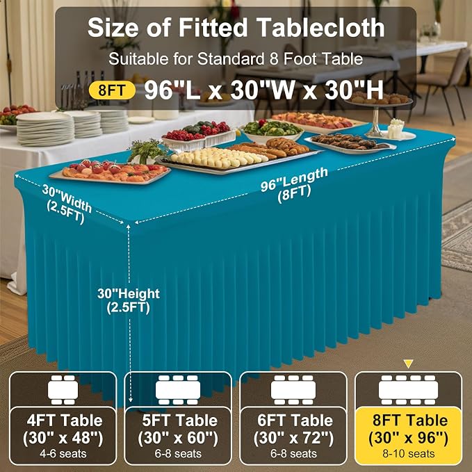 Smiry Spandex Tablecloth 6 Pack, Elastic Fitted Stretch Tablecloth for 8FT Rectangle Tables, Waterproof Washable Table Cover Skirt for Wedding, Banquet & Parties (Turquoise, 96Lx30Wx30H Inch) - Image 4