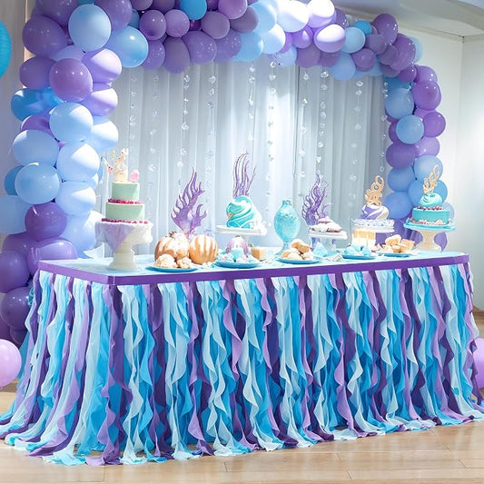 PARTISKY Mermaid Tulle Tutu Ruffle Curly Willow Table Skirt for Rectangle Table 9ft, Mermaid Themed Party Table Cloth for Girls Birthday Party or Baby Shower by Partisky