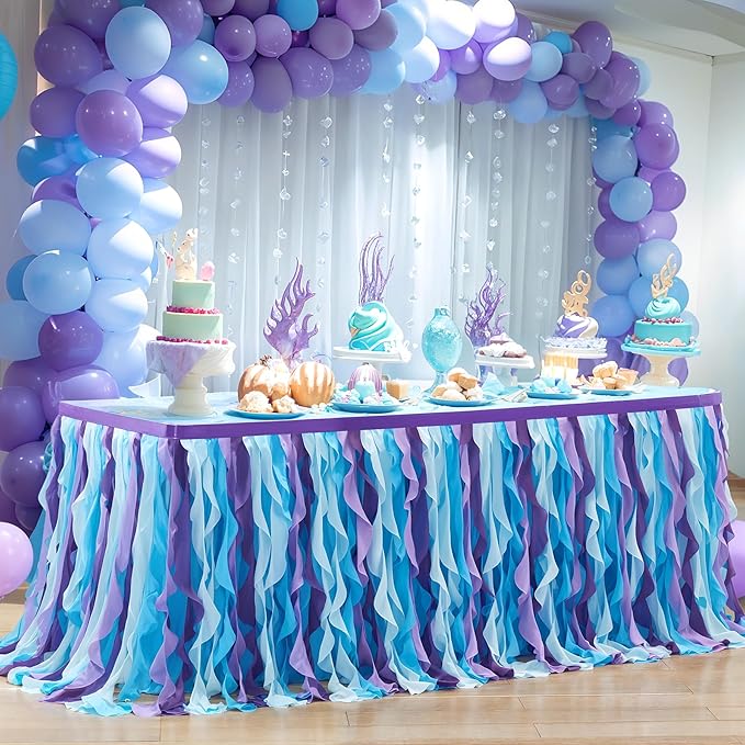 Partisky Mermaid Tulle Tutu Ruffle Curly Willow Table Skirt for Rectangle Table 17ft, Mermaid Themed Party Table Cloth for Girls Birthday Party or Baby Shower by Partisky