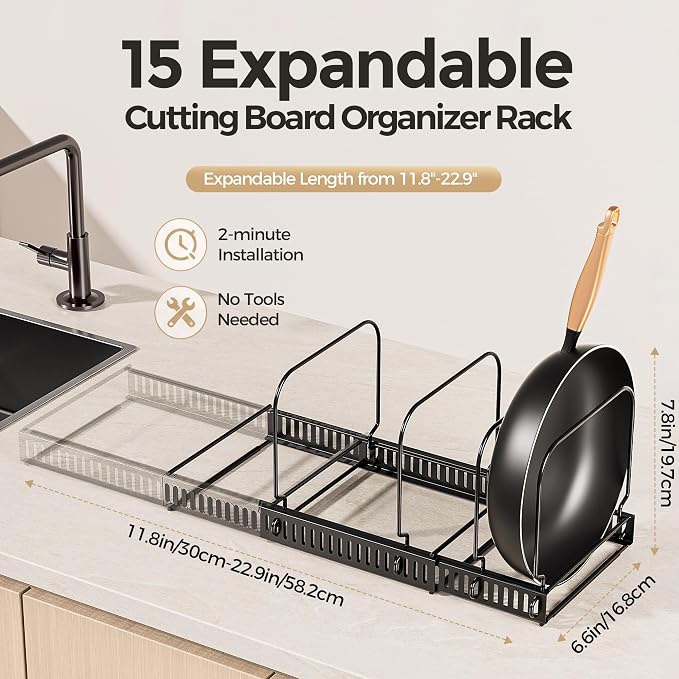 MUDEELA Expandable Cutting Board Organizer Pot Lids Rack 15 Dividers 2-Pack - Image 2