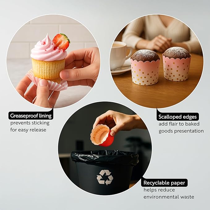 Restaurantware Baking Cups 200 Pack of 3.38 oz Paper Cupcake Liners Greaseproof Scalloped Oven-Safe Elegant Dessert Muffin Cups Disposable for Parties - Image 3