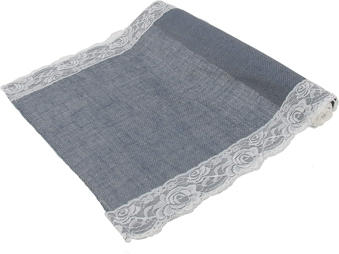 BambooMN Grey 15" x 88" Vintage Lace Burlap Table Runner for Rustic Wedding Bridal Shower Bachelorette Graduation Party Table Home Decor Decorations, 10 Pieces by BambooMN