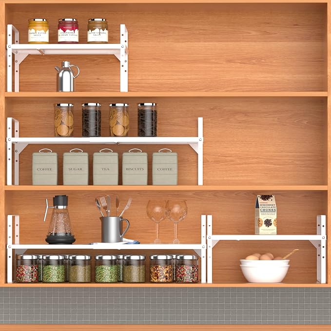 iPEGTOP Expandable Cabinet Storage Shelf Organizer Rack, Heavy Duty Cupboard Stand Spice Rack Adjustable Height Garage Pantry Shelf Space Riser for Counter Kitchen Organization, White, 2 Pack - Image 5